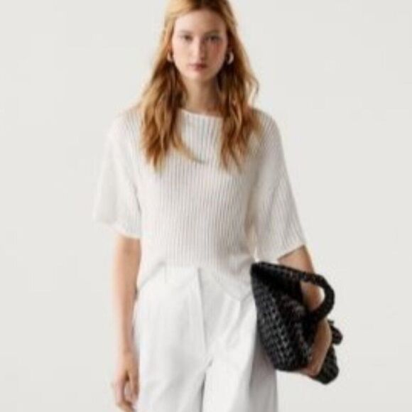 Massimo Dutti Womens Sweater Small S Off White Knit Short Sleeve 5639/528 NWT - Picture 1 of 9